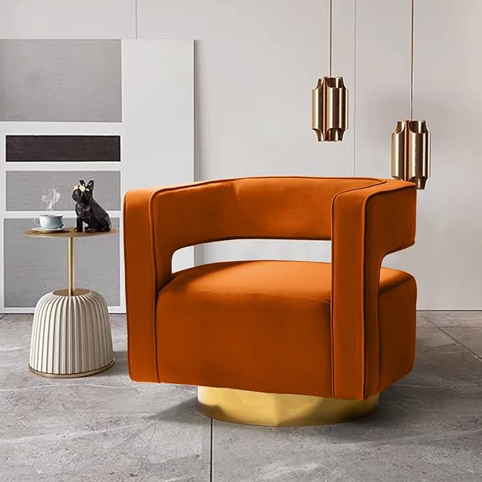 TINA'S HOME Swivel Accent Barrel Chair Modern Velvet Armchair with 3D Curved Open Back &amp Swivel Gold Metal Base Upholstered Club Chair for Living Room Bedroom Nursery Orange(No Assembly Require
