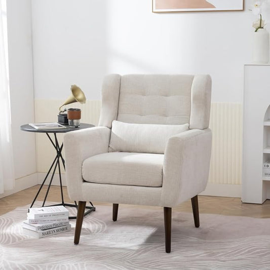 Modern Accent ChairChenille Arm Chairs for Living RoomUpholstered Mordern ArmchairComfy Soft Padded Lounge Chair in Small Space Bedroom w/Pillow Solid Wood Leg (Beige + Chenille)
