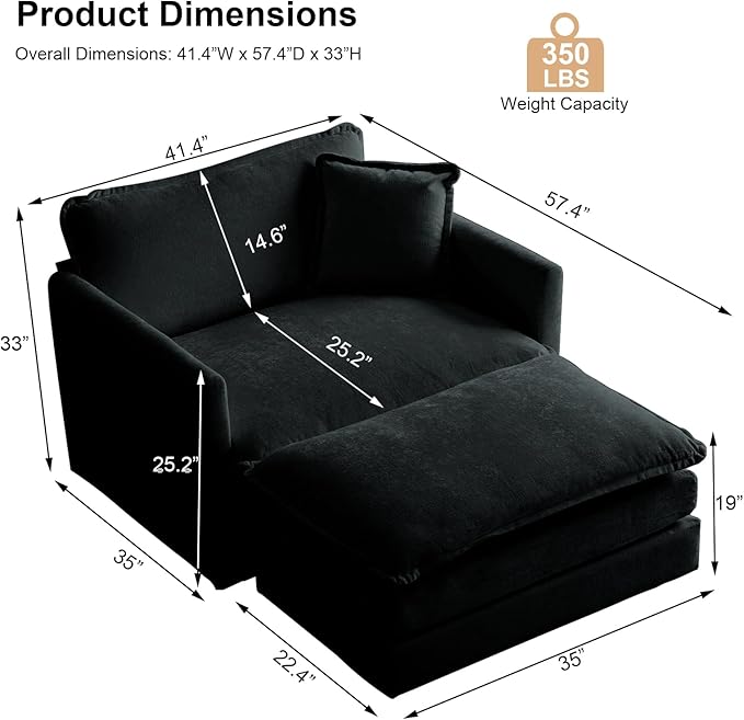 KIVENJAJA 41.4”W Oversized Sofa Chair with Ottoman Modern Chenille Deep Seat Single Couch Armchair Comfy Chaise Lounge Indoor with Pillow for Living Room Bedroom Apartment Black
