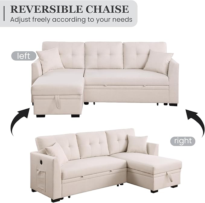 Convertible L-Shape Sofa Bed with Storage Space-Saving Features Pull-Out Sleeper and Charging Ports for Apartment Living Room and Office White