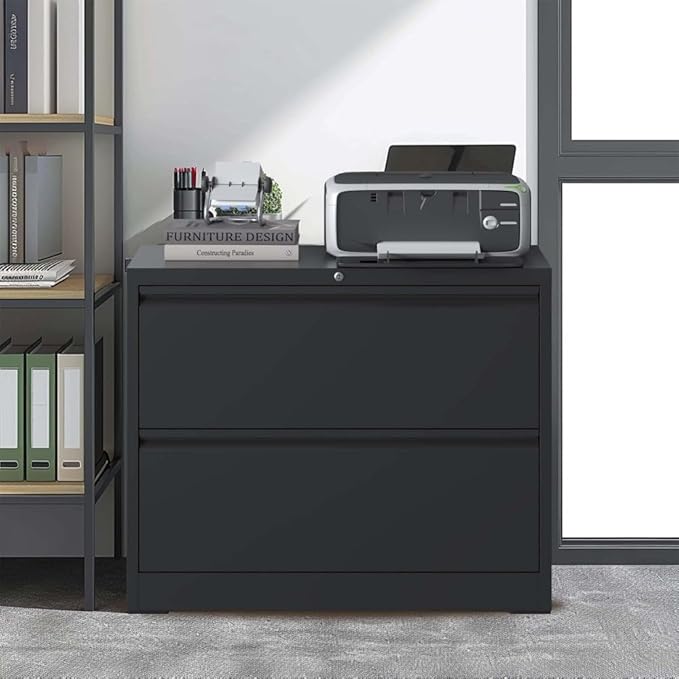 Lateral File Cabinet with Lock – Heavy-Duty Metal Filing Cabinet for Home Office Space-Saving Wide Storage for Letter/Legal/A4/F4 Silent Full-Extension Slides Easy-Assembly (Black + Modern-1)