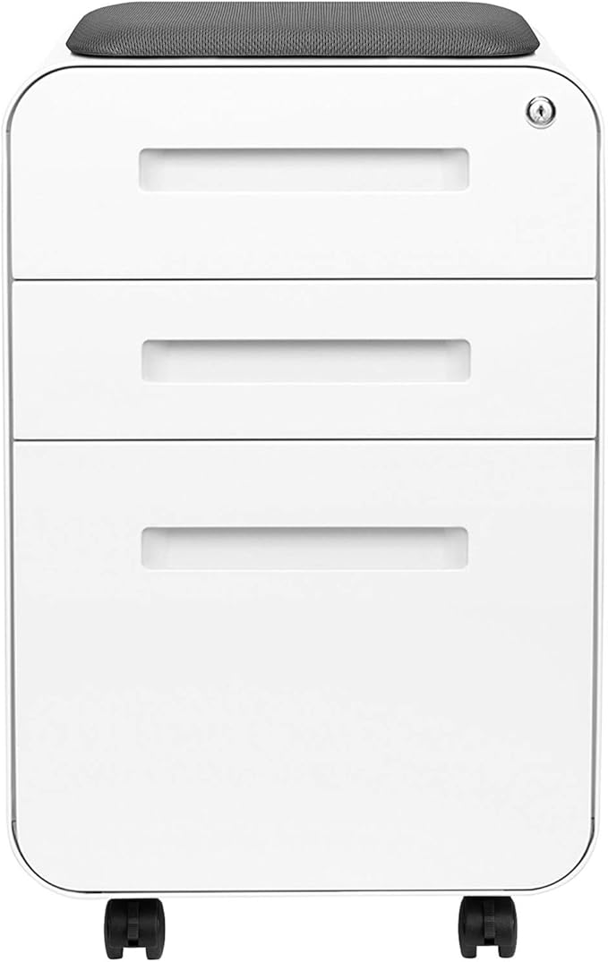 Laura Davidson Furniture STOCKPILE Curve Seated 3-Drawer Mobile File Cabinet with Removable Magnetic Cushion Seat - Metal Filing Cabinet Pre-Assembled White with Dark Grey Cushion