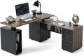 FEZIBO L Shaped Standing Desk 63 inch Executive Standing Desk Adjustable Height Desk with Storage Drawers for Home Office Deep Wood Grainy
