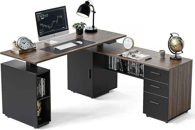 FEZIBO L Shaped Standing Desk 63 inch Executive Standing Desk Adjustable Height Desk with Storage Drawers for Home Office Deep Wood Grainy