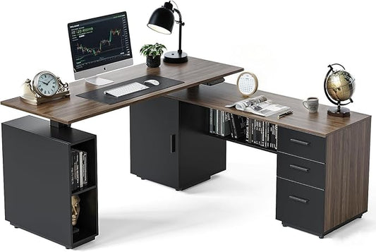 FEZIBO L Shaped Standing Desk 63 inch Executive Standing Desk Adjustable Height Desk with Storage Drawers for Home Office Deep Wood Grainy