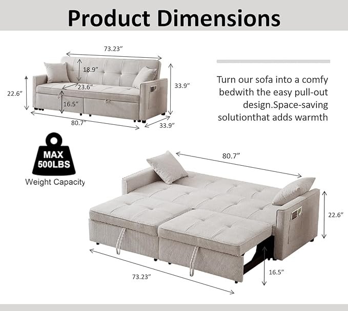 81 Inch Queen Size Convertible Sleeper Sofa 3 in 1 Sleeper Couch with Storage and Pull Out Bed Oversized Loveseat Futon Sofa Hide-A-Bed Fold Out Couch for Living Room