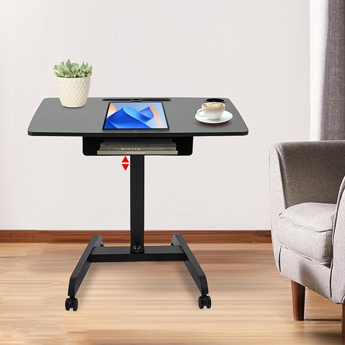 Mobile Standing Desk 44 Height Adjustable Foot Pedal Rolling Desk Portable Pneumatic Laptop Standing Workstation Cart with Storage Box and Wheels for Home Office Craft &amp Study Black