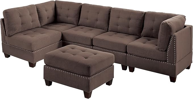 NewCosmos Living Room Furniture Tufted Armless Chair Black Coffee Linen Like Fabric 1pc Armless Chair Cushion Nail Heads Wooden Legs