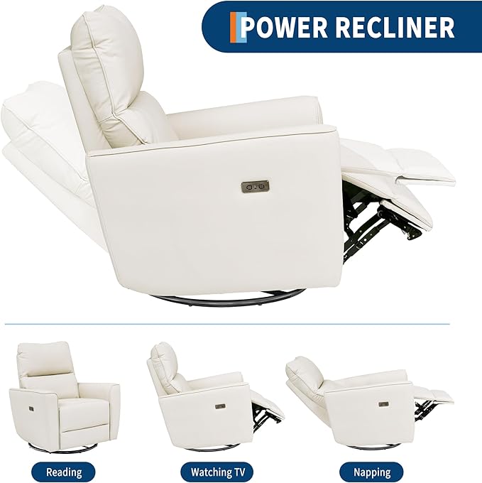 GarveeHome Power Swivel Glider Recliner Chair PU Leather Nursery Electric Rocker Recliner Chair with Lumbar Support &amp USB Port for Living Room Bedroom and Nursery (White)