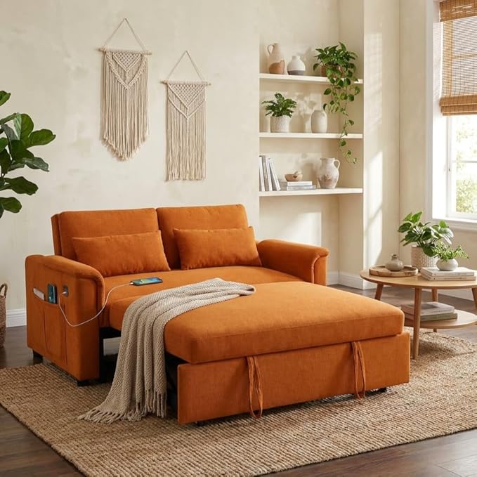 Sofa Bed Pull Out Couch with Side Pockets 3 in 1 Velvet Loveseat Sleeper Sofas Beds with USB Ports Sofa Bed Couch with Adjustable Backrest for Living Room Bedroom Apartment Orange