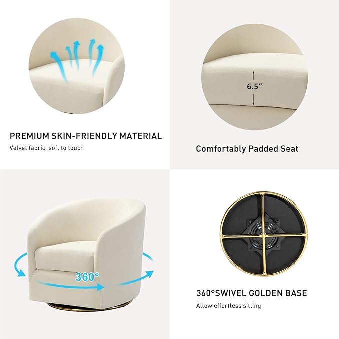 HULALA HOME Swivel Accent Chair with Gold Metal Base Set of 2 Contemporary Velvet Curved Swivel Barrel Chair Upholstered Club Armchair Leisure Single Sofa for Living Room Nursery Bedroom(Ivory)