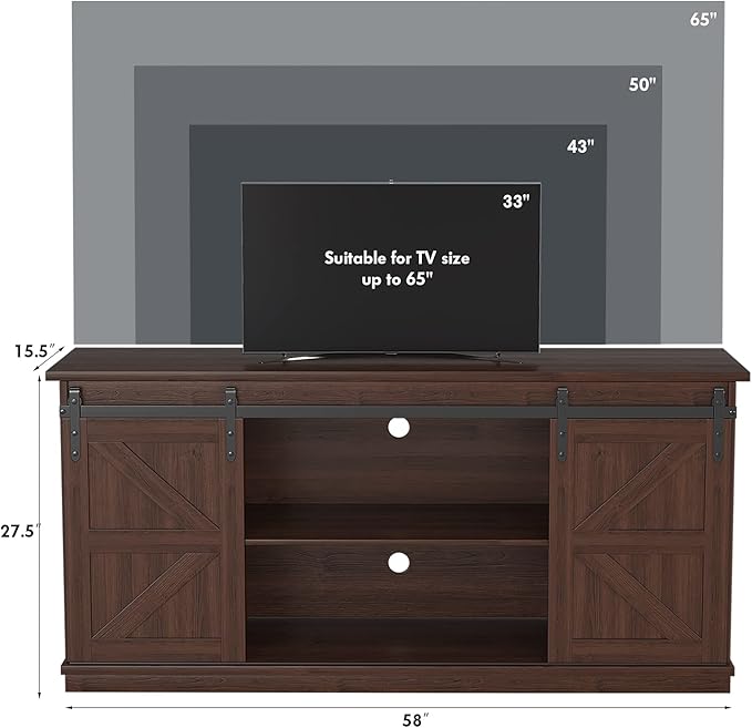 JUMMICO TV Stand for 65 Inch TV Entertainment Center with Storage Cabinets and Sliding Barn Doors Mid Century Modern Media TV Console Table for Living Room Bedroom (Brown)