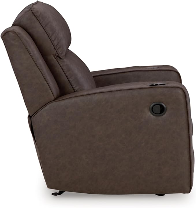 Signature Design by Ashley Lavenhorne Contemporary Faux Leather Upholstered Manual Rocker Recliner with 2 Cup Holders Dark Brown