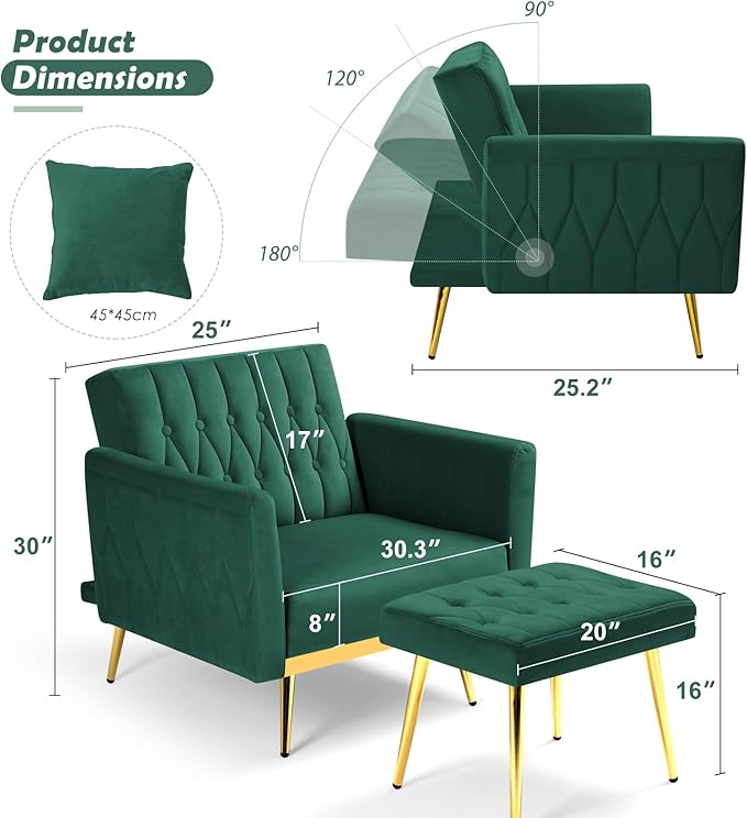 Velvet Accent Chair with Adjustable Backrest and Armrests Single Recliner Armchair with Ottoman and Golden Mental Legs for Living Room Bedroom and Waiting Room Green