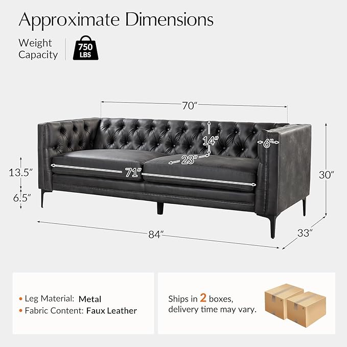 HULALA HOME 84 W Faux Leather Sofa Couch with Metal Legs Button-Tufted 3-Seater Sofa Mid Century Modern Contemporary Upholstered Couch for Living Room Apartment Charcoal