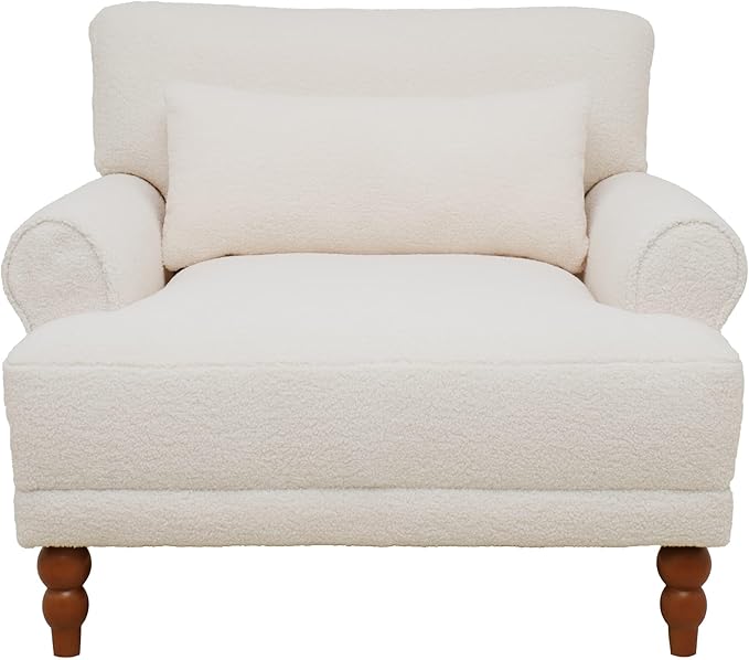 Teddy Fabric Accent Arm Chair with Solid Wood Legs | Ergonomic Lumbar Support Cozy French Country Chic Large Lounge Chair for Living Room Bedroom Study