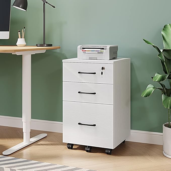 Panana 3 Drawer Wood Mobile File Cabinet Under Desk Storage Drawers Small File Cabinet for Home Office (White)