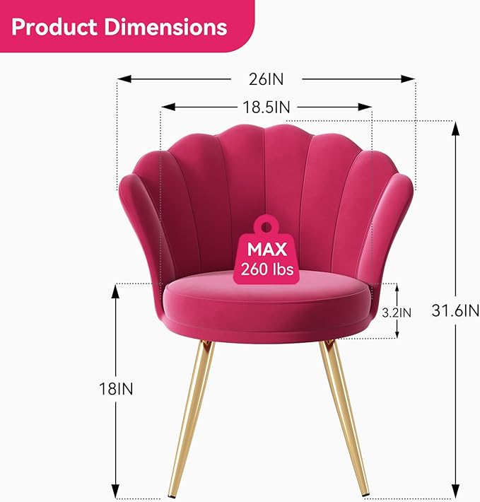 Velvet Accent Chair with Gold Metal Legs Vanity Chair for Makeup Room Upholstered Guest Chair for Living Room Side-Chair for Bedroom Fushia