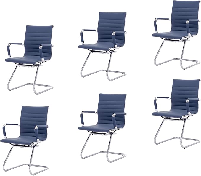CIMOTA Waiting Room Chairs Leather Office Guest Chair Mid Back Reception Chairs with Sled Base for Meeting/Patient/Conference Room Navy Set of 6