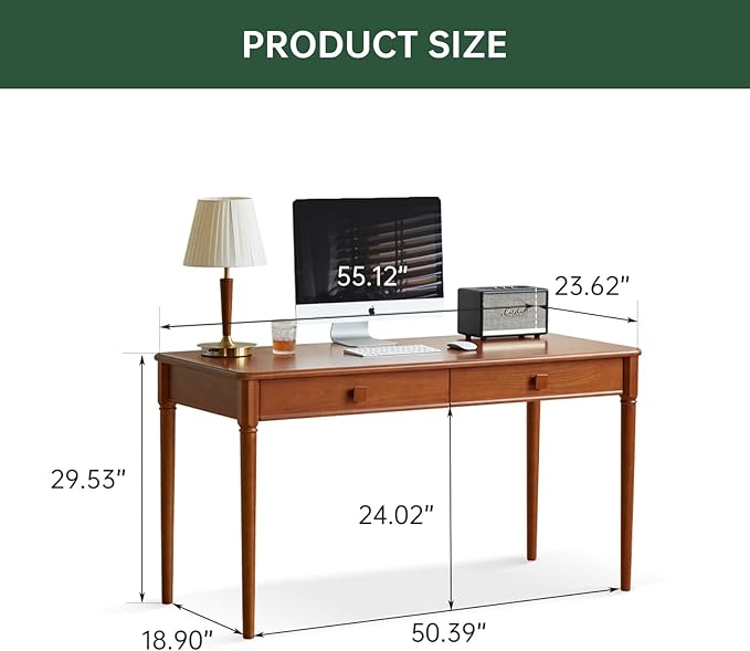 100% Solid Wood Desk Home Office Desk Mid Century Modern Writing Computer Desk with Drawer (55.1)