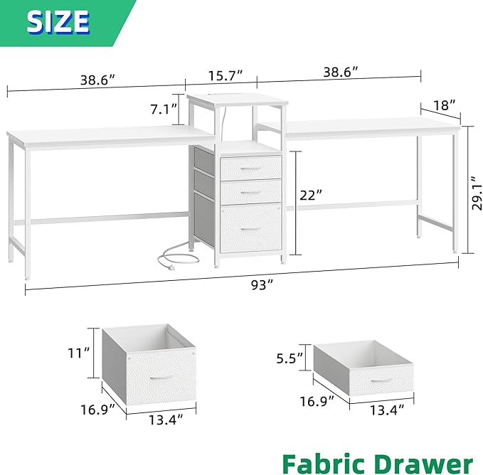 GYIIYUO 93'' Two Person Desk with Charging Station Long Desk with 3 Drawers and Printer Shelf Double Computer Desk 2 Person Writing Study Table Workstation for Home Office White
