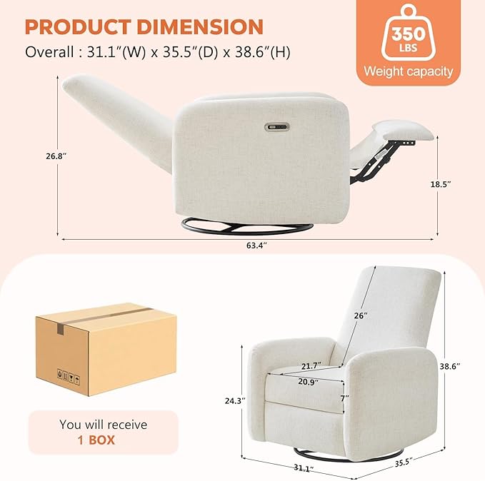 Power Recliner Chair Swivel Rocker Recliner w/USB &amp Type-C Charging Ports Chenille Upholstered Swivel Rocker Glider Recliner for NurseryLiving Room Bedroom Set of 2 Cream