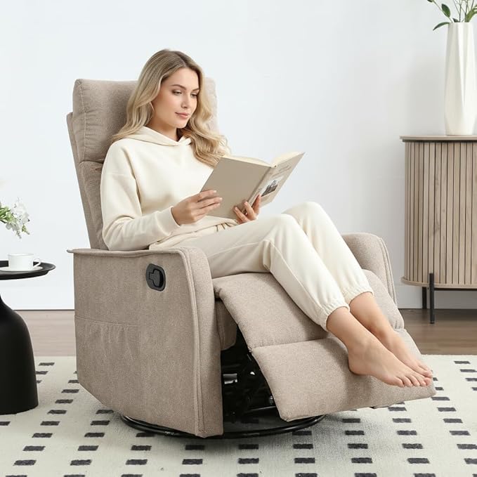 PELUMY 360 Swivel Rocking Recliner Chair for Adults Nursery Rocking Chair with Heat and Massage Glider Reclining Chair for Small Space Living Room Bedroom (Khaki)