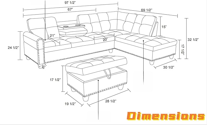 FONTOI L Shaped Sectional Couch with Otttoman 97 Sectional Sofa for Living Room Flannel Modular Couches with Cup Holders for Bedroom Apartments Grey