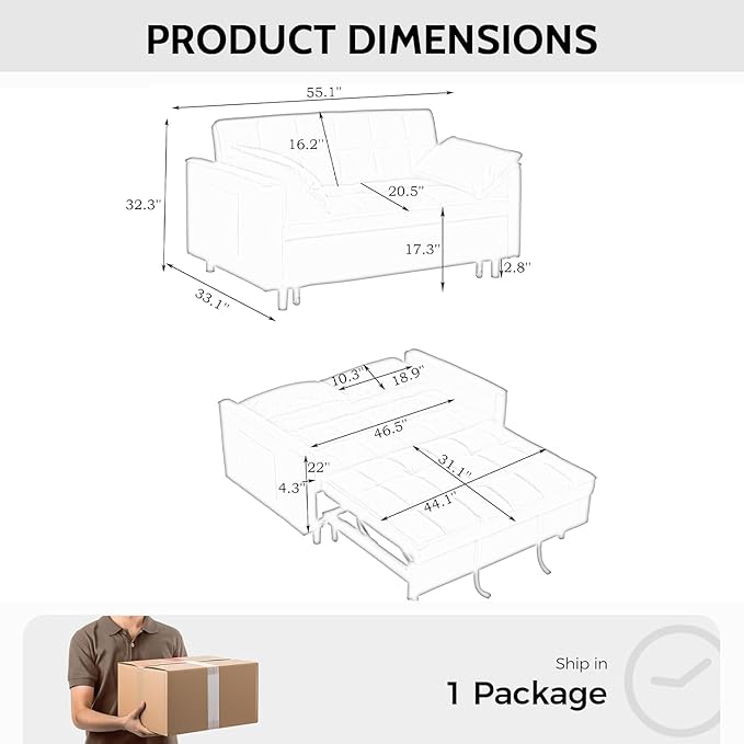 3 in 1 Corduroy Convertible Sofa Bed Pull Out Couch Bed with Reclining Backrest and 2 Pillows 54 Full Size Loveseat Sleeper Sofa Futon Couch Beds Couches for Small Spaces Living Room (Gray)