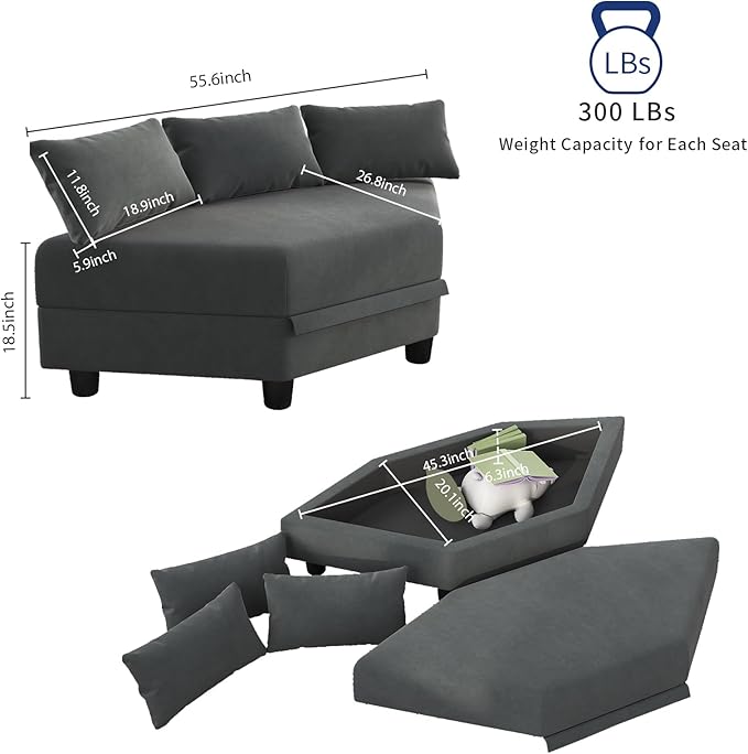 LLappuil Modular Corner Sectional Sofa Couch Storage Seats Storage Hexagonal Ottoman Modules and Six Sides Seat for Modular Sectional Sofa Couch for Living Room Grey