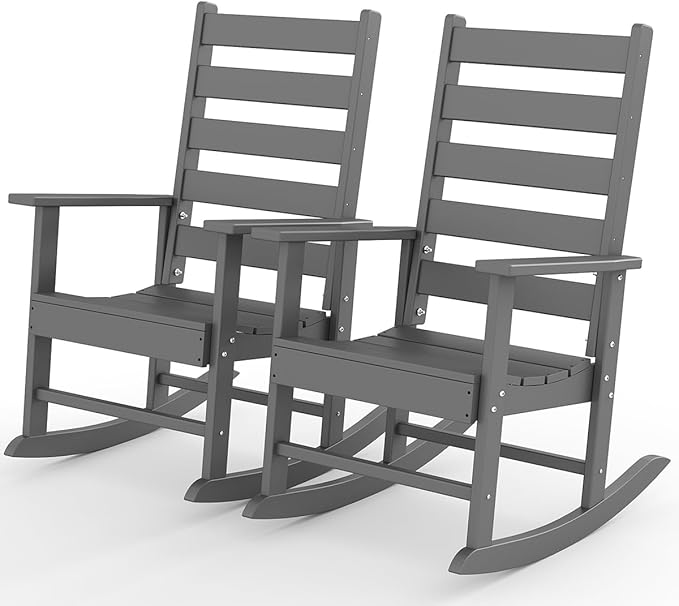 GREENVINES Outdoor-Rocking-Chairs-Set-of-2 | HDPE Plastic | Patio Rockers | Porch Rocker Chair | Shaker | Oversized | High Ladder Back | Big &amp Tall | PentaLuxe | Grey