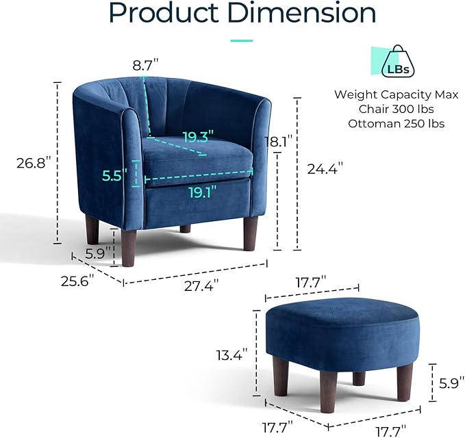LINSY Accent Chair with Ottoman Modern Barrel Chair Small Armchair Reading Chair with Footrest Comfy Round Arms Chair for Living Room Bedroom Reading Room Velvet Blue