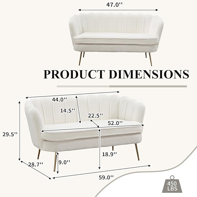 59 Wide Loveseat Sofa Boucle Upholstered Small Couch with Petal-Shaped Design Modern Leisure Sofa with Gold Metal Legs Mini Room Couch for Bedroom Apartment (Ivory-Boucle)