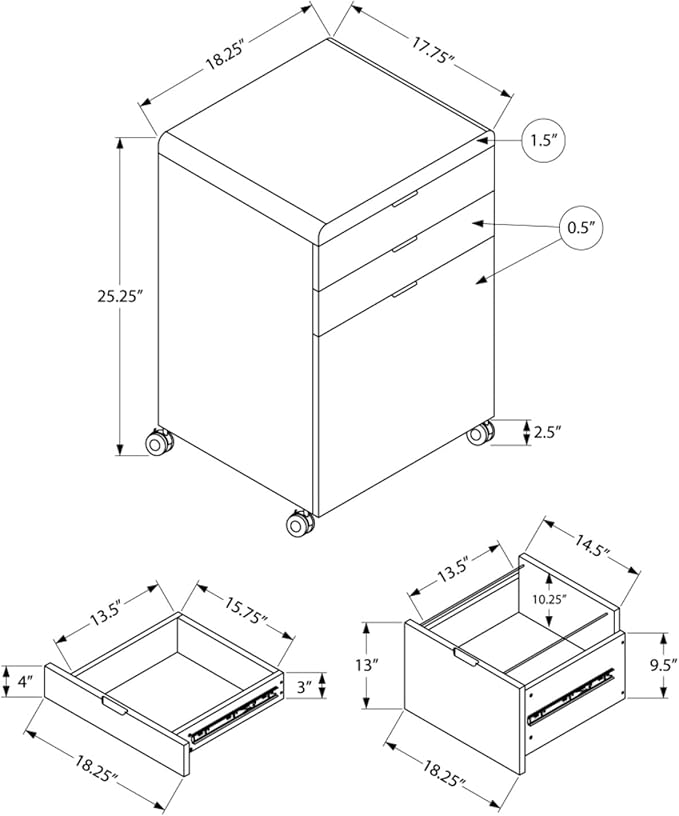 Rolling Mobile File Storage Cabinet with Smooth Drawer Glides 3 Drawer File Cabinet with Inset Drawer Handles Assembly Required