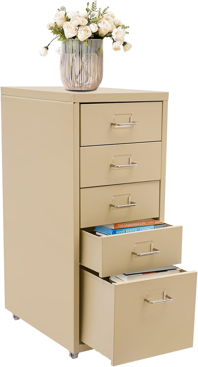 5-Drawer Storage Cabinet with Wheels Metal File Storage Organizer with 4 Small &amp 1 Large Drawers Mobile Vertical Filing Cabinet for Home Office Craft Room Bedroom 11x16.1x27.1in (Beige)