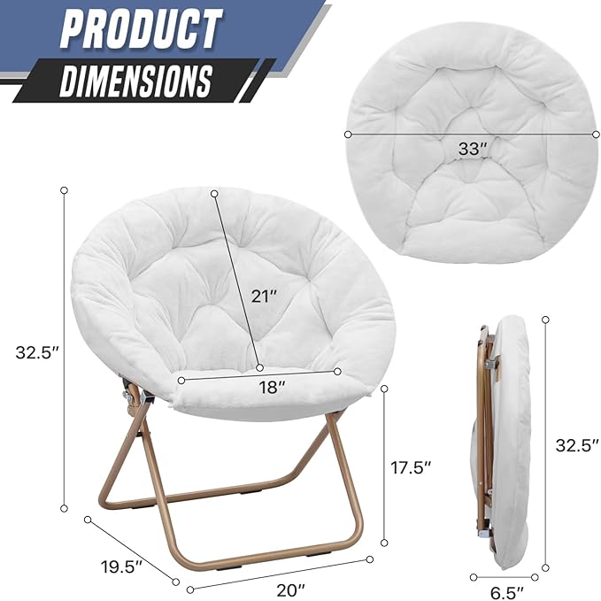 Round Comfy Saucer Chair Metal Frame Cozy Lounge Lazy Chair Folding Faux Fur Saucer Chair for Adults Foldable Papasan Moon Chair for Bedroom Living Room Dorm (White Seat/Gold Stand)