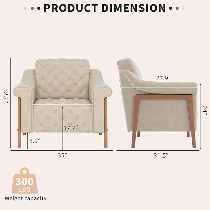 EJUNQ Cozy Accent ChairPU Leather Modern Living Room ChairsMid-Century Office Reading ChairSingle SofaArmchair for Bedroom Apartment Waiting Room(Ivory)