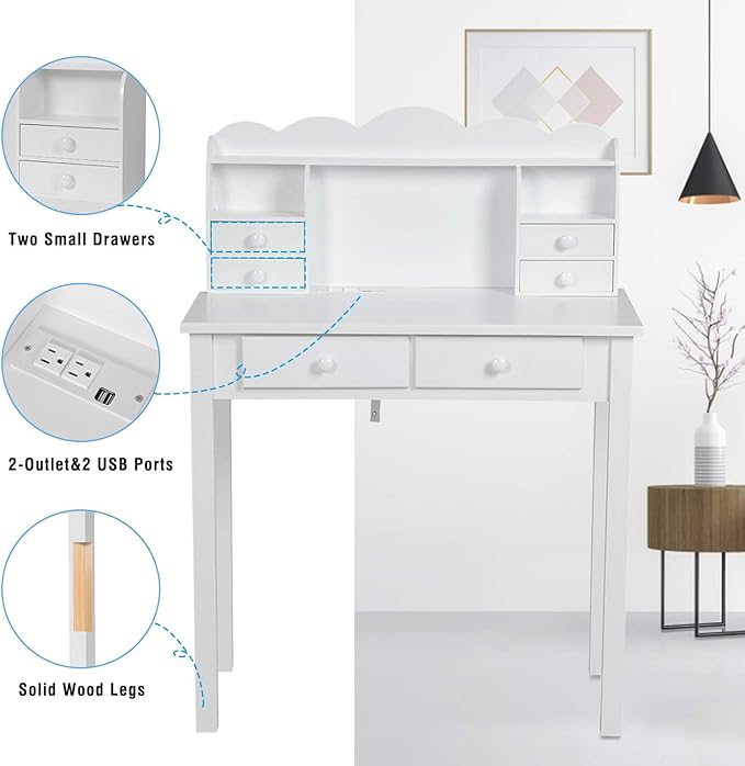 ADORNEVE Small White Writing Desk with Hutch and USB Ports 31.5 inch Home Office Desk with Drawers Study Table for Kids/Student Makeup Dressing Table Save Space Gifts