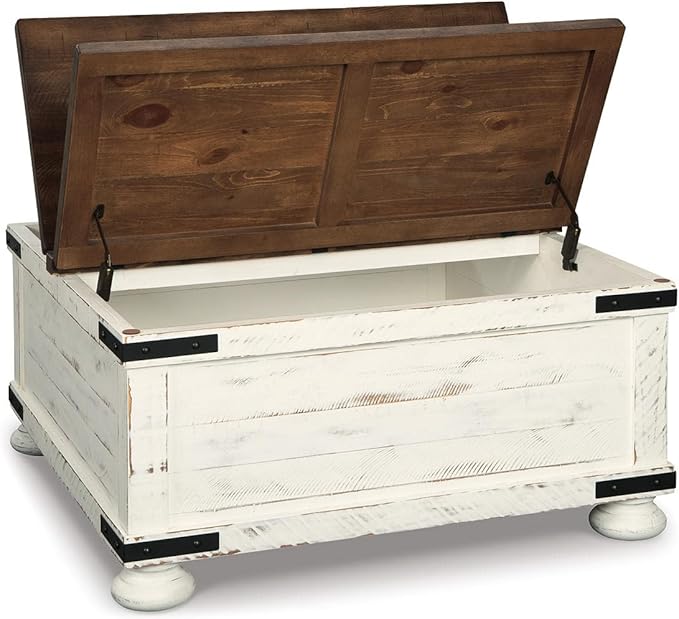 Signature Design by Ashley Wystfield Farmhouse Coffee Table with Storage Hinged Lift Top Wood 36 W x 36 D x 18 H Distressed White