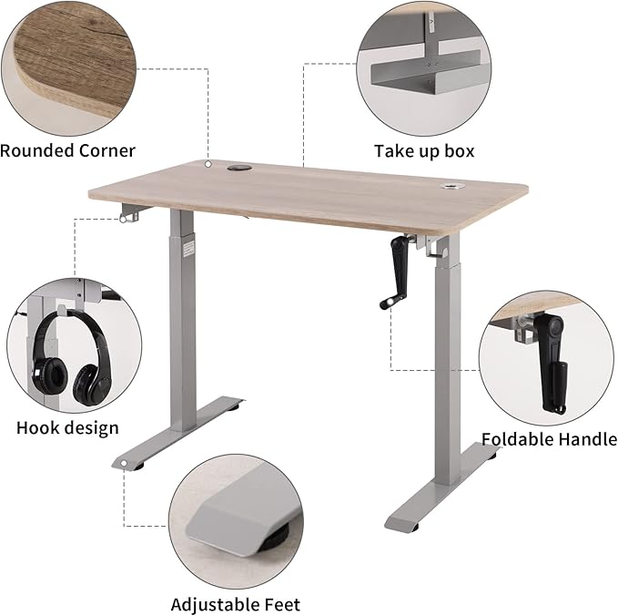 UNICOO Crank Adjustable Height Standing Desk Game Table Home Office Table Computer Desk with USB and Wireless Charger (NTCSET-01 - Antique Oak - M2)