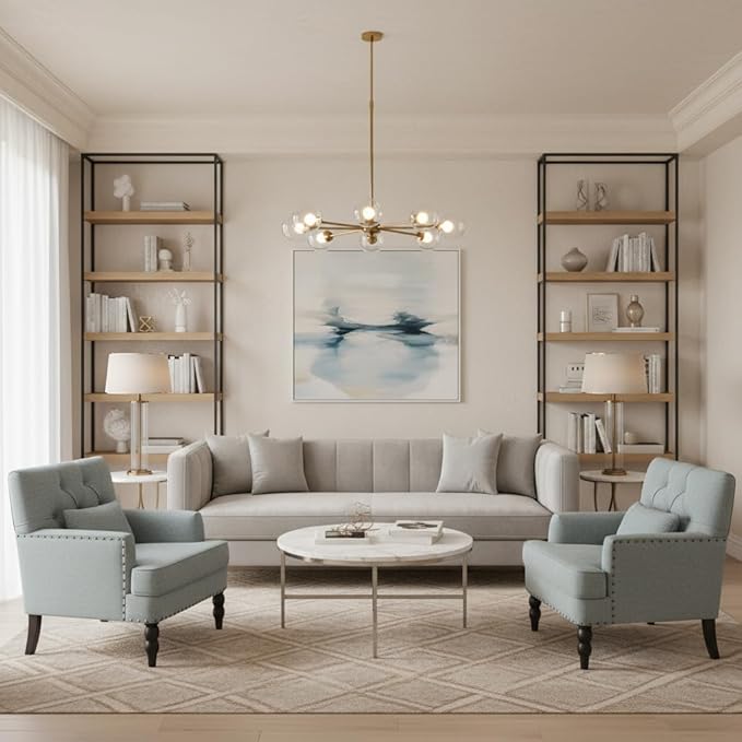 HUIMO Accent Chairs Set of 2 Tufted Club Chair Set of 2 with Lumbar PillowUpholstered Button Armchair Linen Fabric Sofa Chairs for Bedroom Living Room Mid Century Modern Reading ChairLight Blue