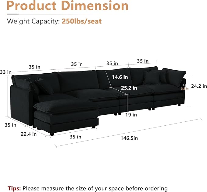 mikibama Modular Sectional Sofa 146.5 Inch L Shaped Couch Set for Living Room 4-Seater Comfy Cloud Couches with Movable Ottoman DIY Combination Chenille Black