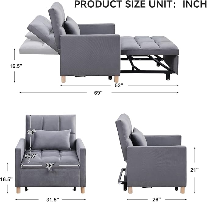 Convertible Sleeper Sofa Chair Bed3-in-1 Sleeper Chair Bed with PillowPull Out Single Armchair Sofa Bed with Adjustable Backrest Multi-Functiona Lounge Chair for Living Room (Gray)
