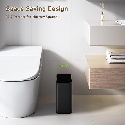 Small Bathroom Trash Can 2.4 Gallon Wastebasket Slim Metal Garbage Can Matte Black Stainless Steel Trash Bin for BedroomOfficeKitchenToilet rv Near Desk Under Sink