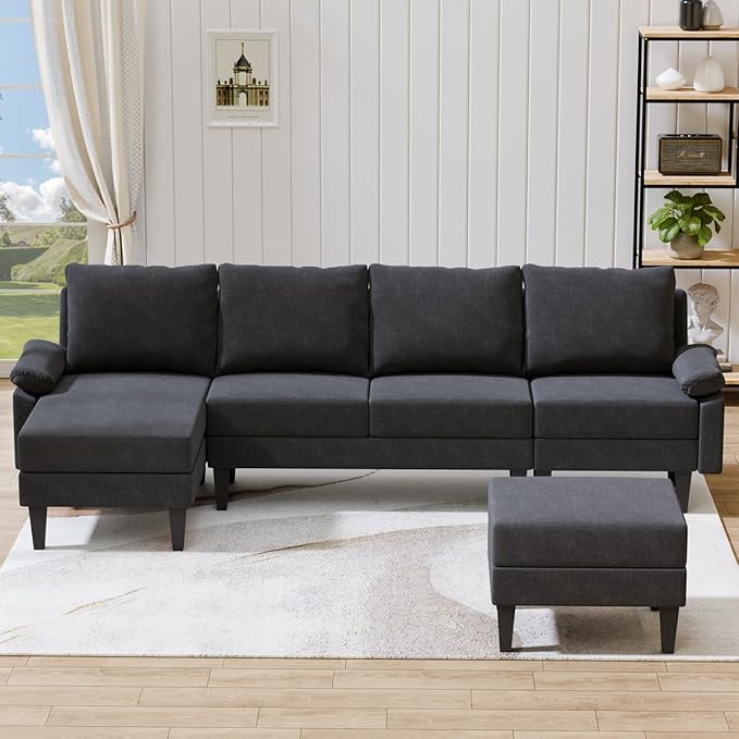 115 Inch Modular Sectional Sofa with Storage Ottoman Modern L-Shaped Sectional Couch with Chaise Chenille Couch for Living Room Apartment or Small Spaces Black