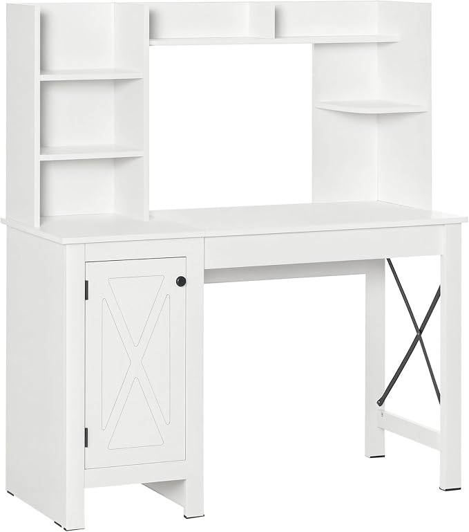 HOMCOM Farmhouse Computer Desk with Hutch and Cabinet Home Office Desk with Storage for Study White