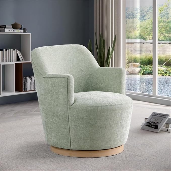 Pemberly Row Modern Accent Chair Mint Fabric Swivel Base Natural Wood Finish 26.5 W x 30.5 D x 31 H Contemporary Style for Living Room or Bedroom
