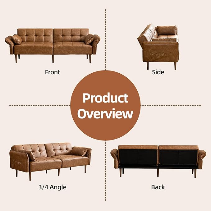 85” Futon Sofa Bed Sleeper Sofa Small Couch with Storage Adjustable Armrests Pillows Faux Leather Loveseat Mid Century Modern Couches for Living Room Bedroom Apartment Brown