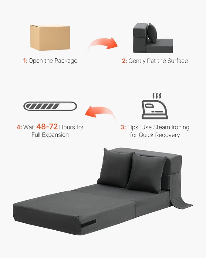 VEVOR Folding Sofa Bed 3-in-1 Foldable Couch Bed with 2 Pillows and Washable Cover 25D High Density Memory Foam Convertible Sleeper Chair Bed Futon Couch for Living Room Bedroom Dark Grey(Single)