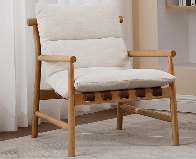 Kmax Modern Sling Accent Chair Mid-Century Linen Living Room Chair Comfy Lounge Chair Solid Wood Frame Chair with Armrest for Reading Room Backyard Beige